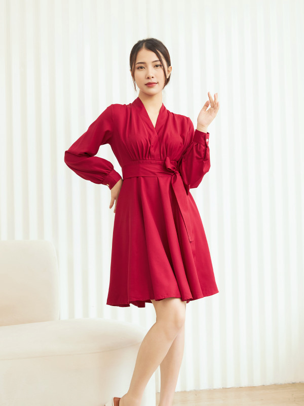 Đầm Sơ Mi Cổ Tim Xếp Ly Ngực AB0211